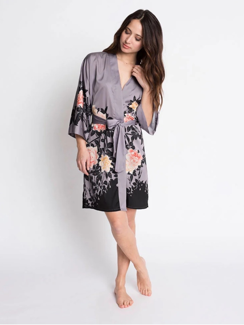 Kim + Ono Blush Rose Short Kimono Robe Dusk Purple One Size Satin Charmeuse